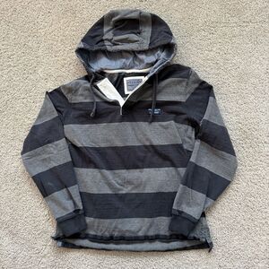 LL Bean Hoodie Pullover Mens M Gray Black Striped Rugby Shirt Traditional Fit